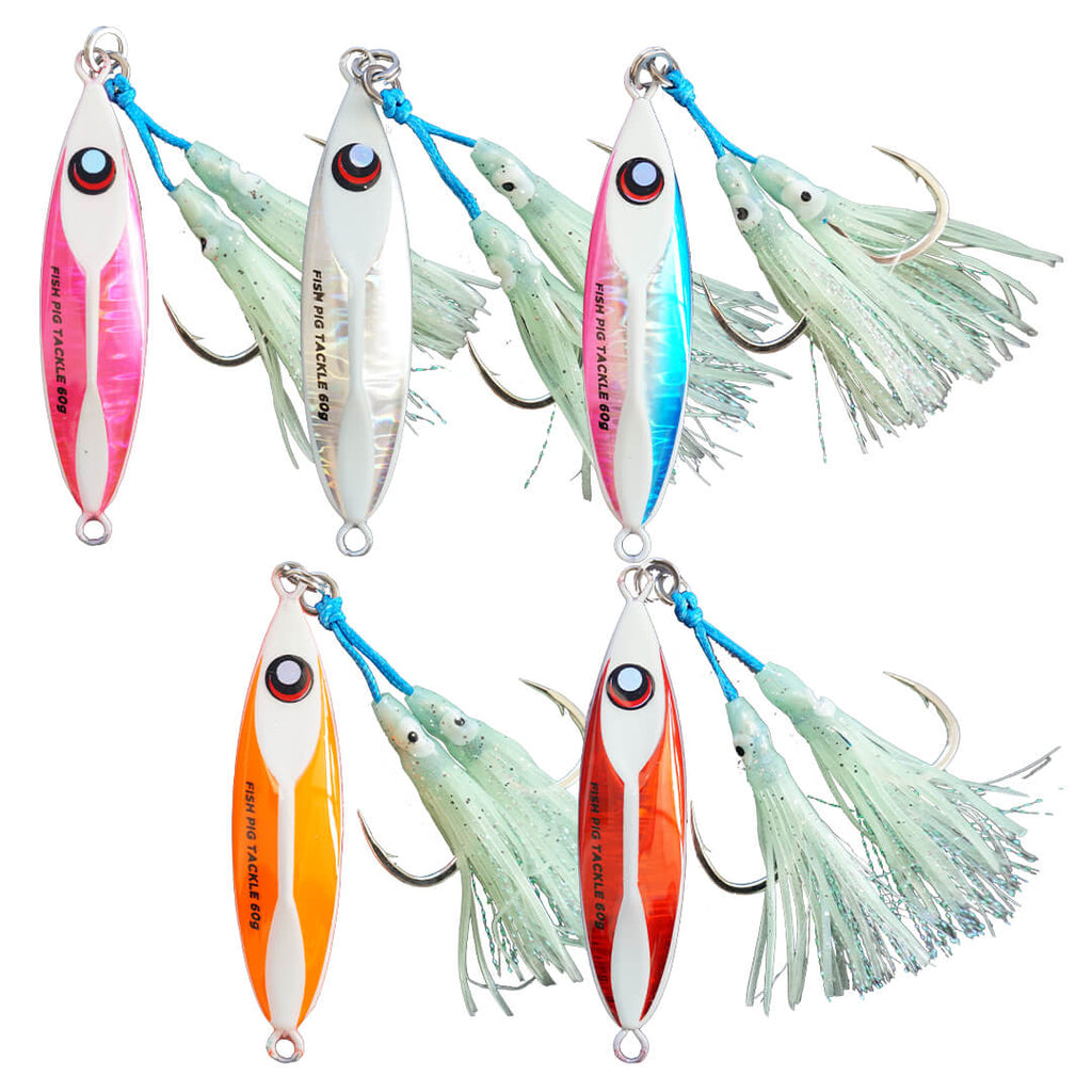 Razor Back RIGGED Jig Bulk Pack - 60g - 5 jigs of one weight - Slow pitch jig value packs - Fish Pig tackle bulk value packs - Premium fishing tackle 